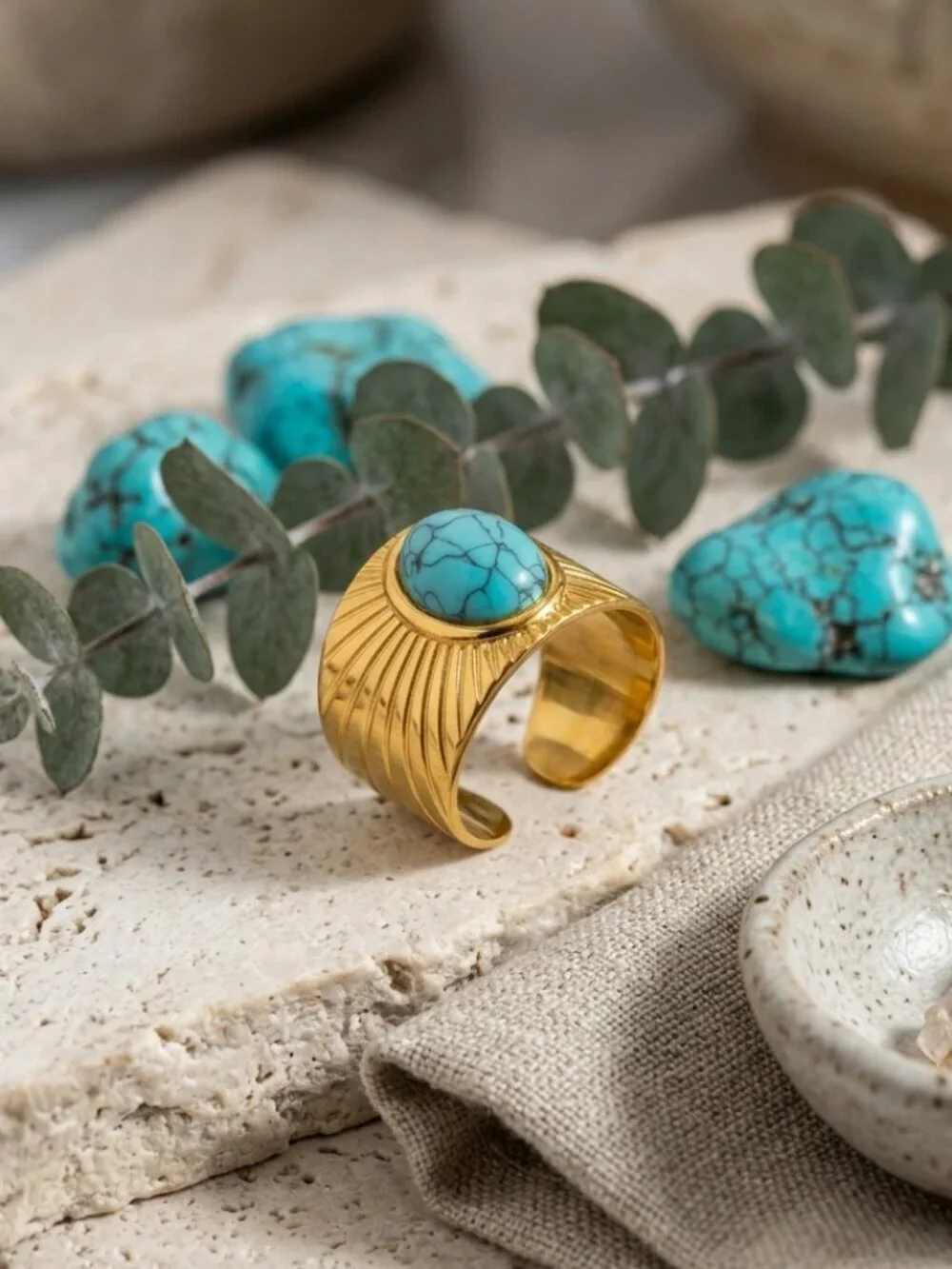 Turquoise Sunburst Wide Band Adjustable Ring 14K Gold Plated Boho Western 7-9